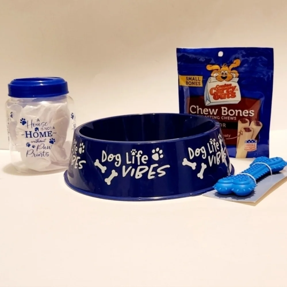 Dog Essentials‎ Two Food Bowls Treat Container Dental Bone Toy and Chew Bones